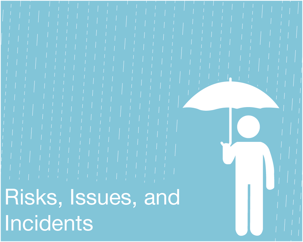 Stick figure holding an umbrella blocking out rain - text reads "risks, issues, and incidents."
